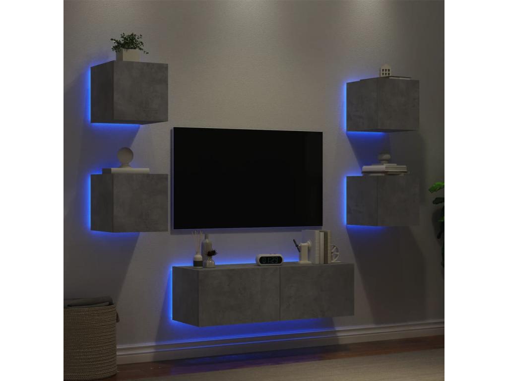 Meuble TV muraux 5 pcs avec Boislisères LED gris béton QFPC11751