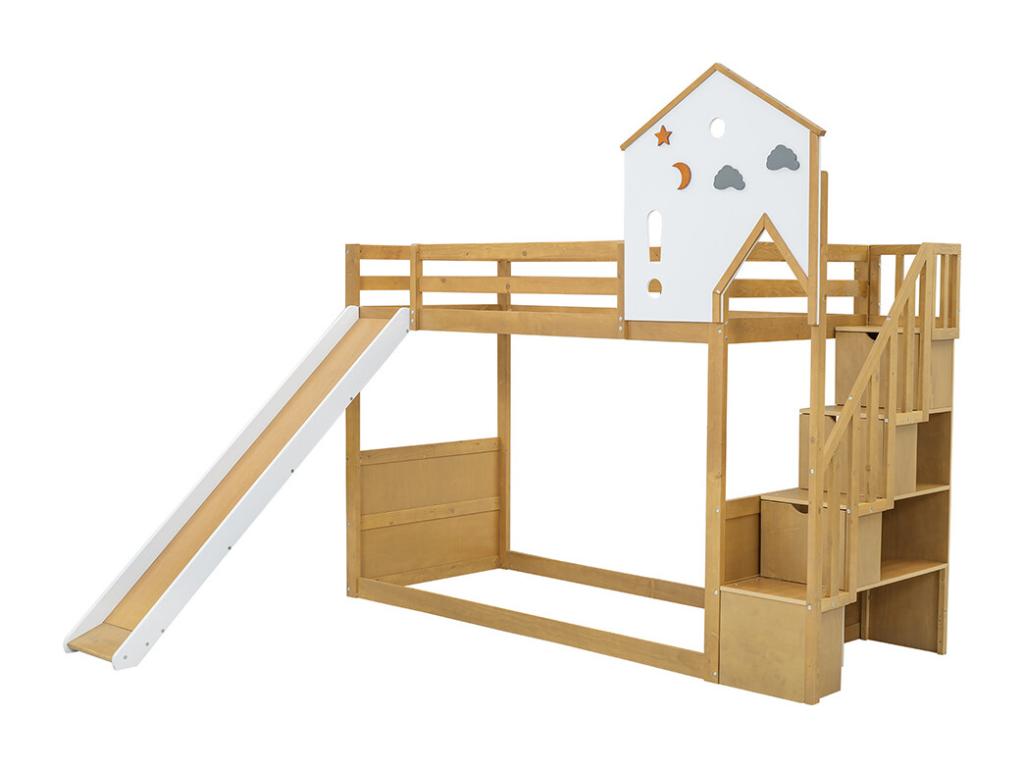 Lit enfant superposé 90x200 cm lit simple avec escalier d'angle toit et fenêtre 3 casiers sur l'escalier blanc couleurs naturelles LVUA79605
