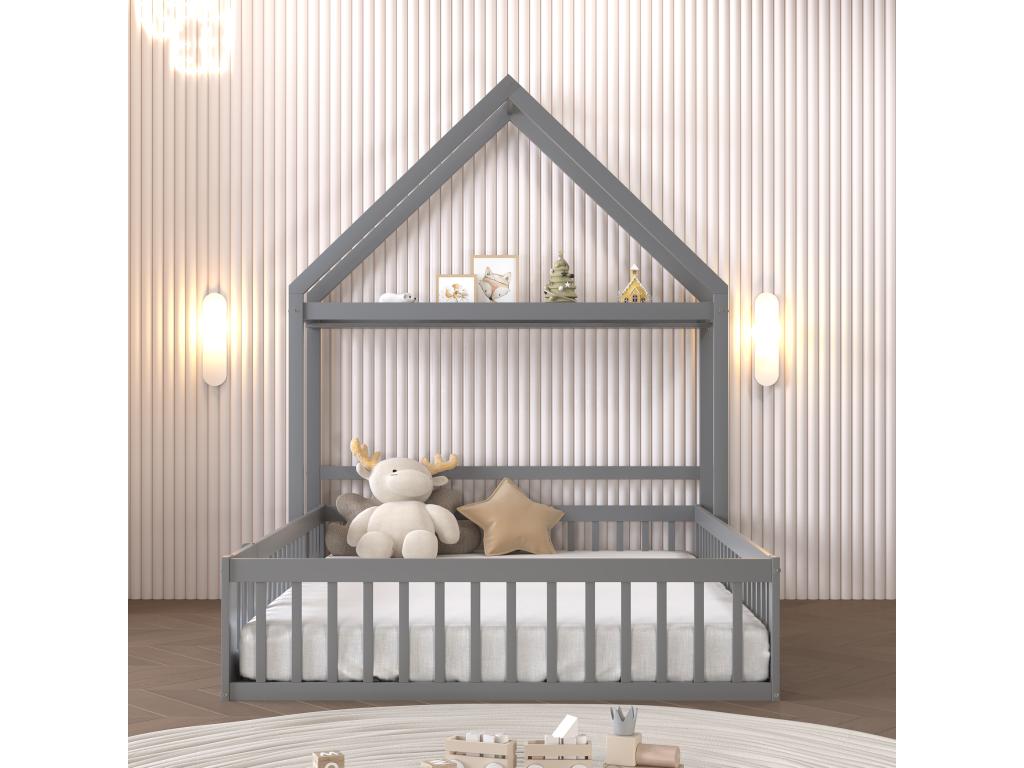Lit enfant cabane 140x200cm en bois massif - avec tringle à vêtements - Gris VNPG65430