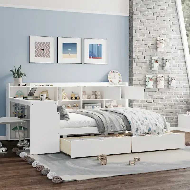 Wood Corner Storage Bed Multi-functional L-Shape Daybed with Desk