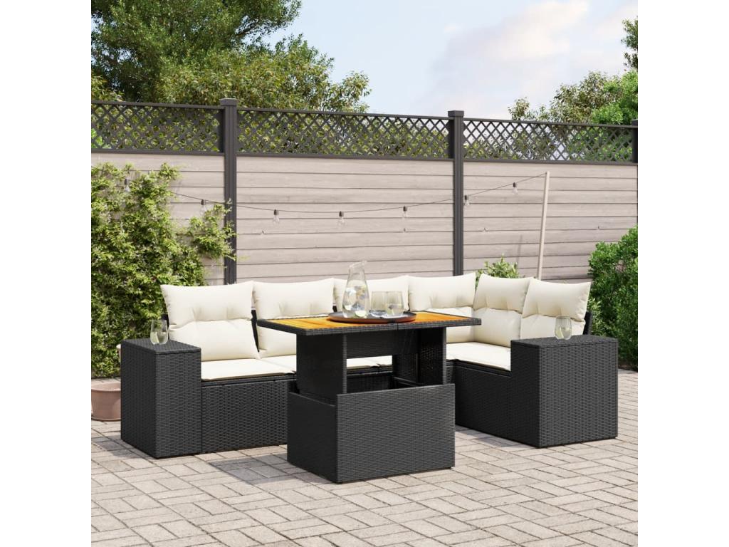 Salon de jardin 6 pcs avec coussins noir résine tressée SKQM56129