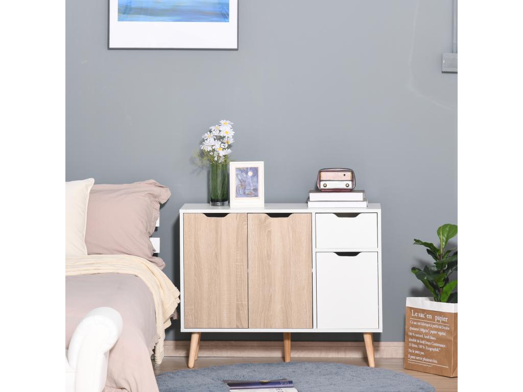 Buffet design scandinave 2 placards tiroir coulissant pieds bois massif pin panneaux particules blanc chêne clair QQRH06263