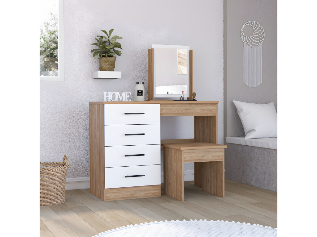 Table de maquillage de miroir Ventoriq avec 4 tiroirs et siège inclus 126.7 cm à x 100 cm L x 42.5 cm P blanc / gris SHEE42486