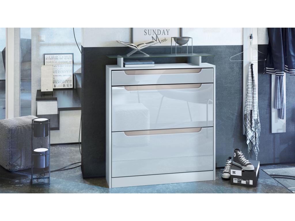 Meuble à Chaussures Blanc Mat blanc laqué Poignées En Gris Sable laqué 89x104x23 Cm QDPT58785