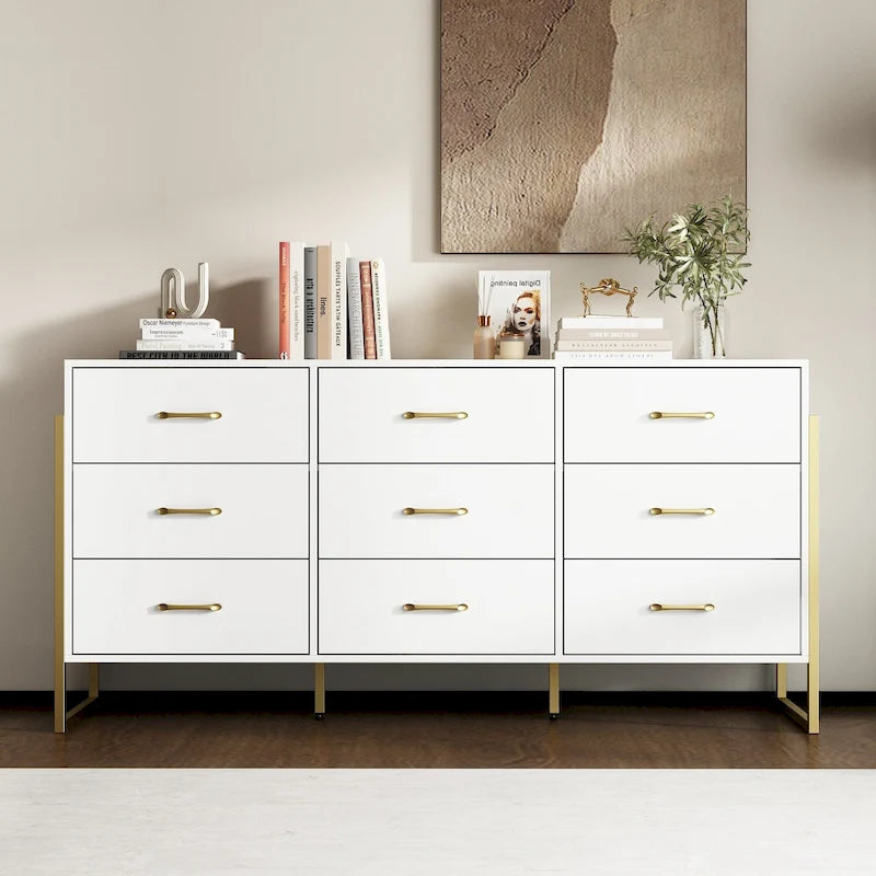 Versatile 9-Drawer Dresser - Sleek Black & Gold, Premium Quality Chest