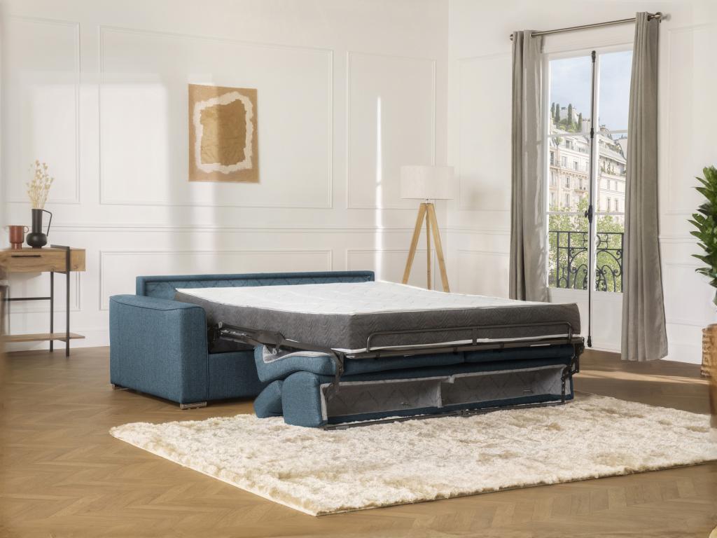 Canapé 4 places convertible express en tissu bleu - couchage Ventoriq larges 160 cm - Matelas 14 cm avec mémoire de forme Ventoriq FZDG39864