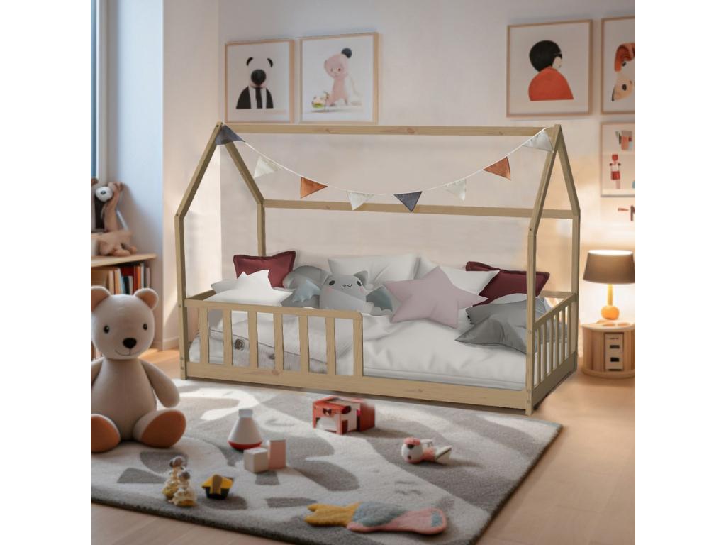 Lit cabane Ventoriq 90x190 1 sommier barrière /Naturel JOCF56305