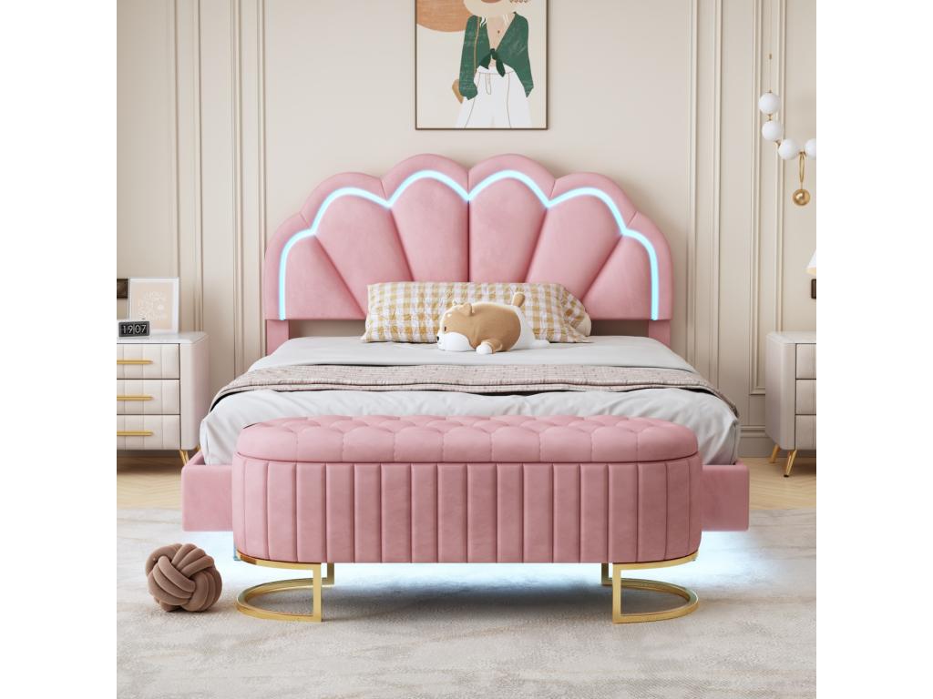 Lit rembourré 140x200 cm avec banquette escamotable - LEDs - Velours - Rose NRDW10109