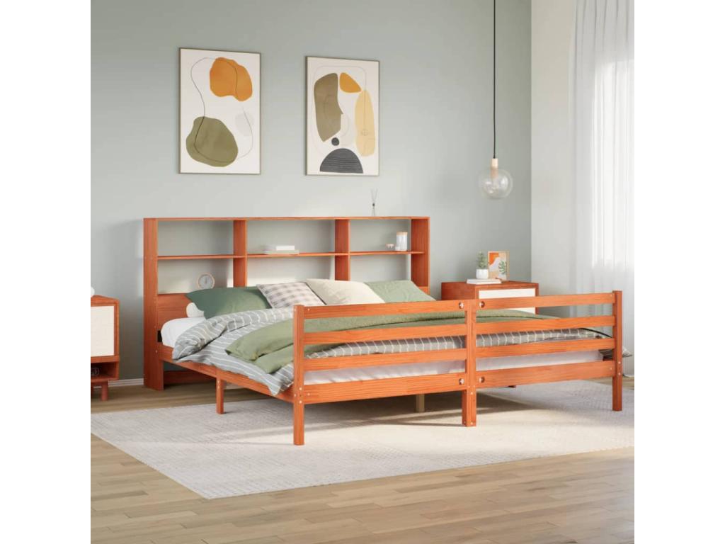 Lit bibliothèque sans matelas cire marron 180x200cm bois massif BUOX00113