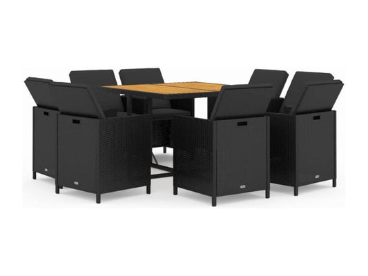 Mobilier à dîner de jardin et coussins 9 pièces Résine tressée Noir KUBX17838