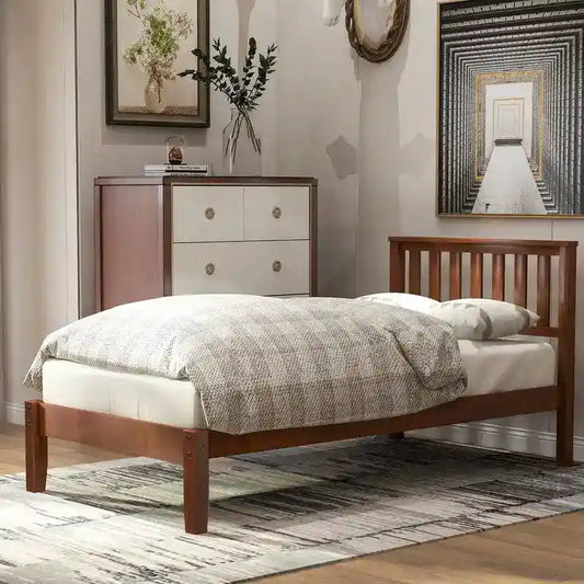 Twin Wood Platform Bed with Headboard and Wood Slat Support