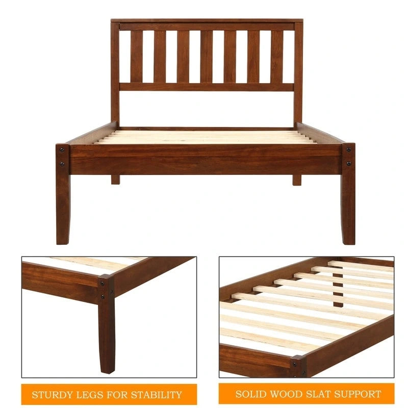 Twin Wood Platform Bed with Headboard and Wood Slat Support
