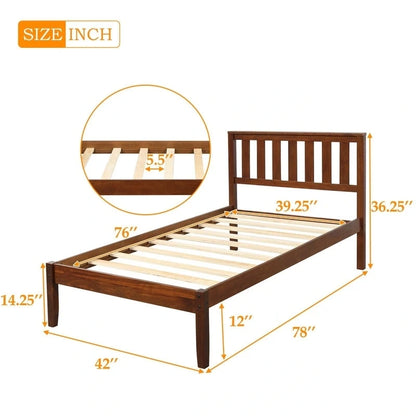 Twin Wood Platform Bed with Headboard and Wood Slat Support