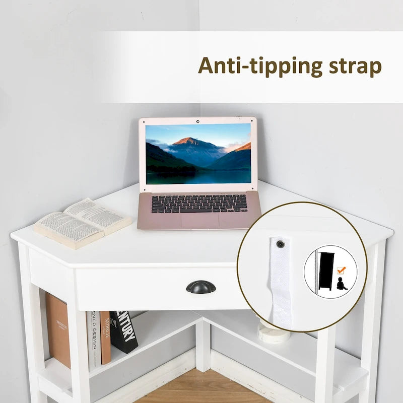 Modern Compact Corner Desk with Slide Out Drawer and Open Shelves for Small Rooms and Workspaces or Display Areas