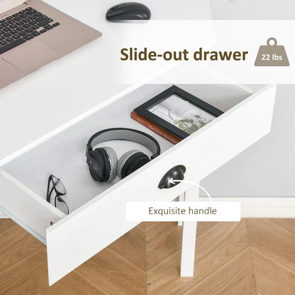 Modern Compact Corner Desk with Slide Out Drawer and Open Shelves for Small Rooms and Workspaces or Display Areas