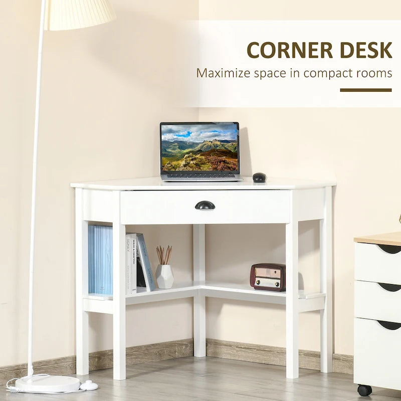 Modern Compact Corner Desk with Slide Out Drawer and Open Shelves for Small Rooms and Workspaces or Display Areas