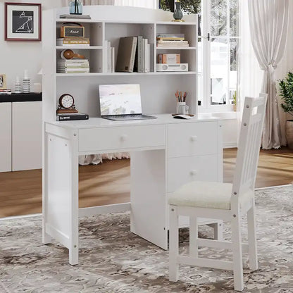 Computer Desk with Four Drawers, Storage Shelf, and Chair, Ideal for Office or Study in Bedroom or Living Room