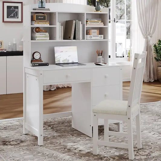 Computer Desk with Four Drawers, Storage Shelf, and Chair, Ideal for Office or Study in Bedroom or Living Room