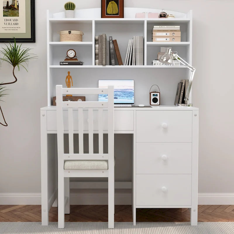 Computer Desk with Four Drawers, Storage Shelf, and Chair, Ideal for Office or Study in Bedroom or Living Room