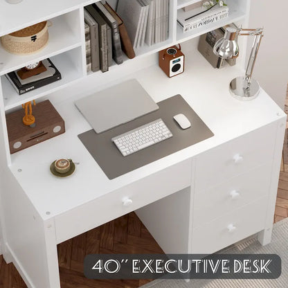 Computer Desk with Four Drawers, Storage Shelf, and Chair, Ideal for Office or Study in Bedroom or Living Room