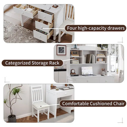 Computer Desk with Four Drawers, Storage Shelf, and Chair, Ideal for Office or Study in Bedroom or Living Room