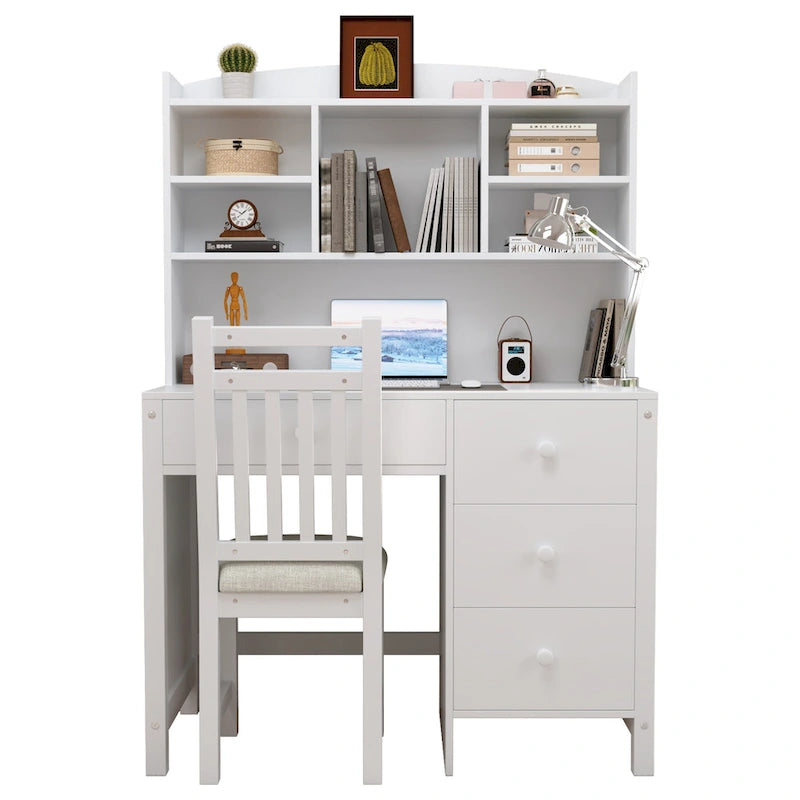 Computer Desk with Four Drawers, Storage Shelf, and Chair, Ideal for Office or Study in Bedroom or Living Room