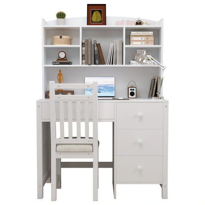 Computer Desk with Four Drawers, Storage Shelf, and Chair, Ideal for Office or Study in Bedroom or Living Room