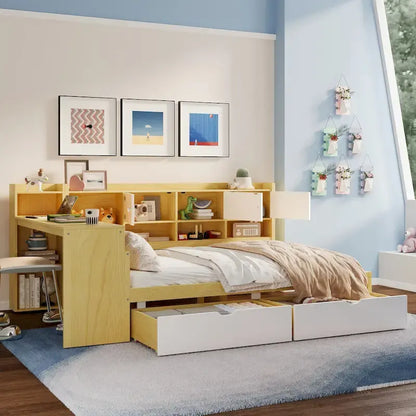 Wood Corner Storage Bed Multi-functional L-Shape Daybed with Desk