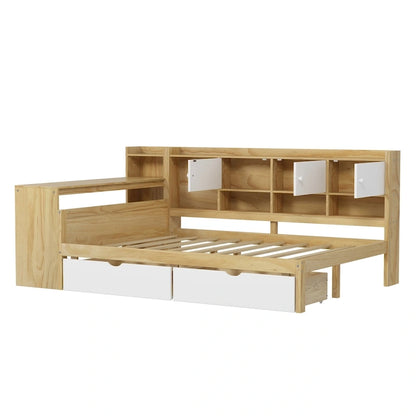 Wood Corner Storage Bed Multi-functional L-Shape Daybed with Desk