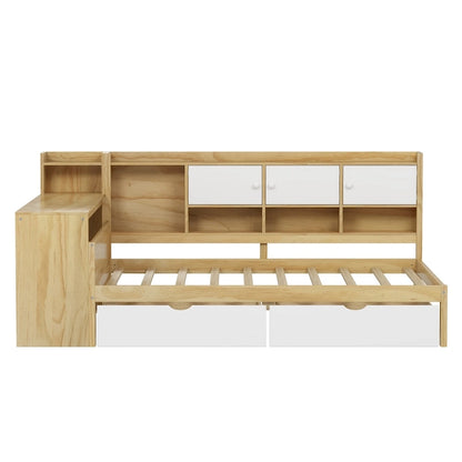 Wood Corner Storage Bed Multi-functional L-Shape Daybed with Desk