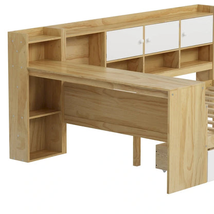 Wood Corner Storage Bed Multi-functional L-Shape Daybed with Desk