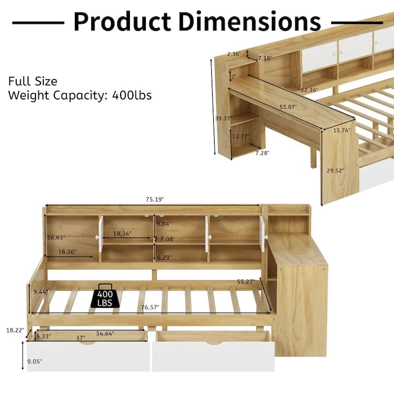 Wood Corner Storage Bed Multi-functional L-Shape Daybed with Desk