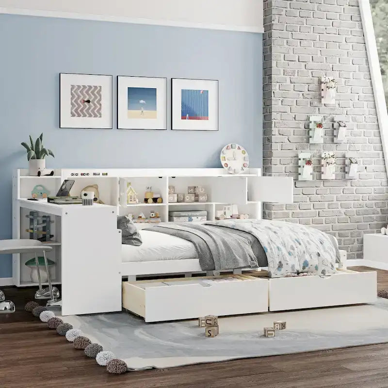 Wood Corner Storage Bed Multi-functional L-Shape Daybed with Desk