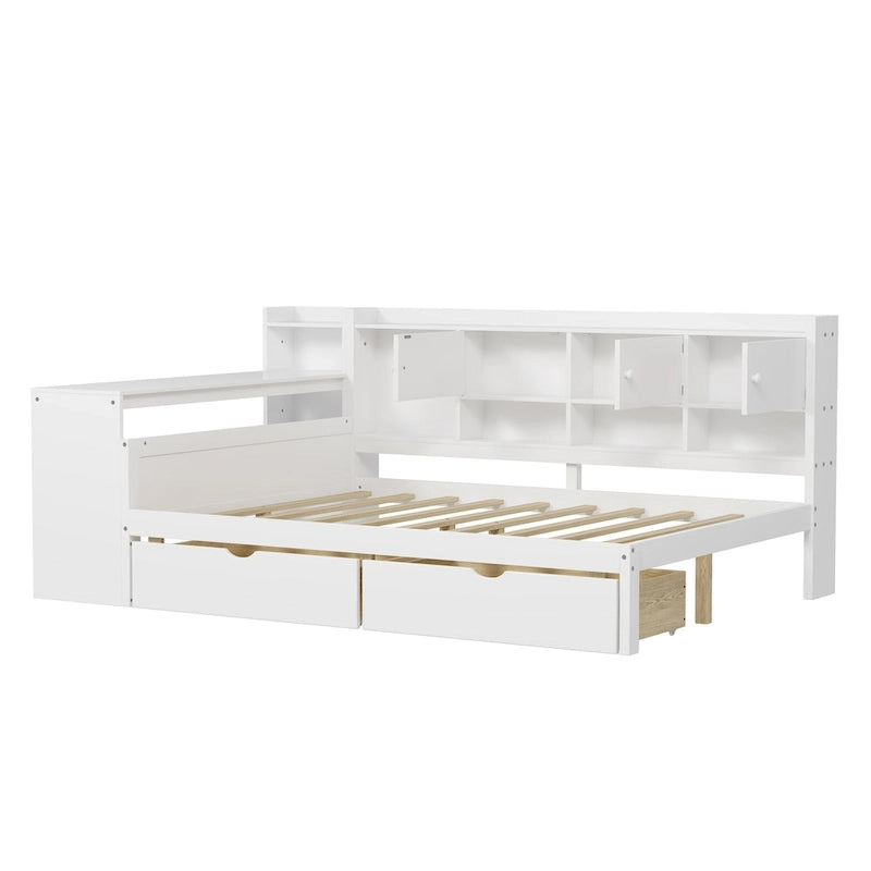 Wood Corner Storage Bed Multi-functional L-Shape Daybed with Desk