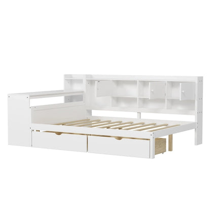 Wood Corner Storage Bed Multi-functional L-Shape Daybed with Desk