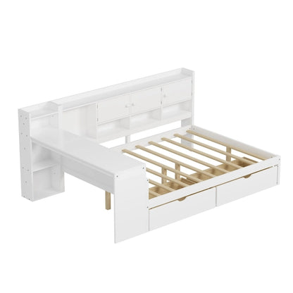 Wood Corner Storage Bed Multi-functional L-Shape Daybed with Desk