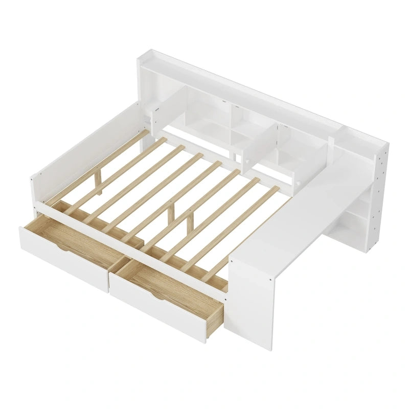 Wood Corner Storage Bed Multi-functional L-Shape Daybed with Desk