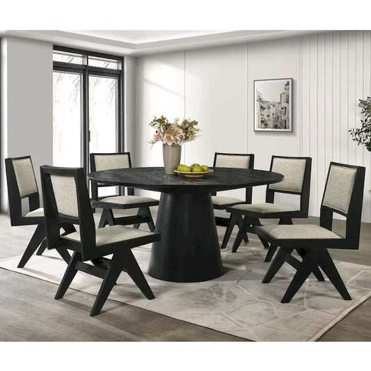 Furniture of America Evrena Modern 7-Piece Black Solid Wood 59-inch Round Dining Set