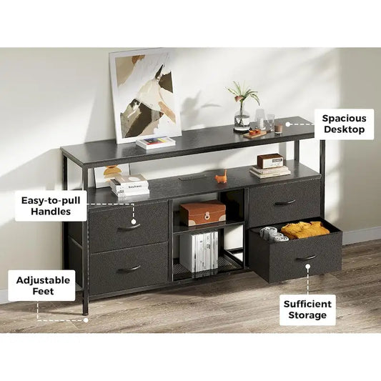 LED TV Stand with Power Outlets, 4 Drawers & Open Shelf, Black PU Finish