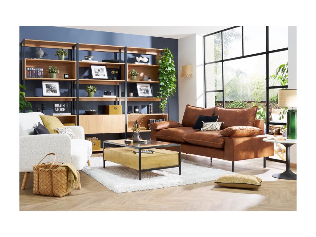 Canapé 3 places en cuir aspect vieilli marron cognac et métal noir Ventoriq BJAS17380