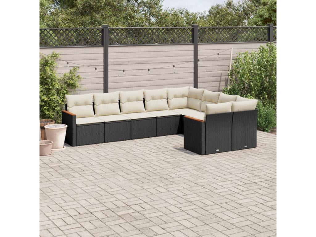 Salon de jardin 9 pcs avec coussins noir résine tressée AUAI57779