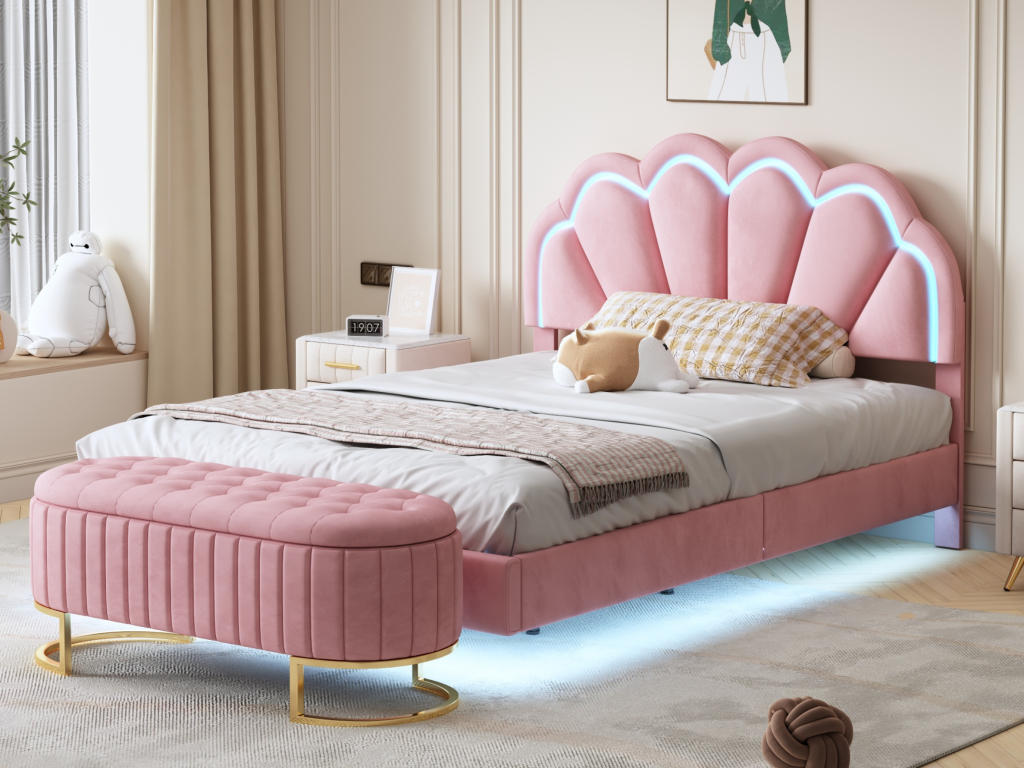 Lit rembourré 140x200 cm avec banquette escamotable - LEDs - Velours - Rose NRDW10109