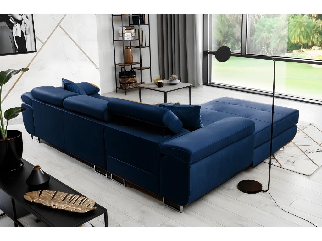 Canapé d'angle convertible Ventoriq en tissu velours luxe 5 places couleur bleu foncé avec coffre angle gauche vu de face CREI67036