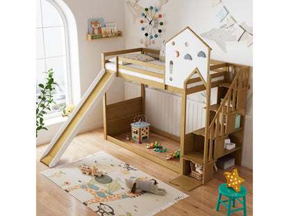 Lit enfant superposé 90x200 cm lit simple avec escalier d'angle toit et fenêtre 3 casiers sur l'escalier blanc couleurs naturelles LVUA79605