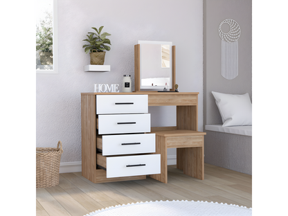 Table de maquillage de miroir Ventoriq avec 4 tiroirs et siège inclus 126.7 cm à x 100 cm L x 42.5 cm P blanc / gris SHEE42486