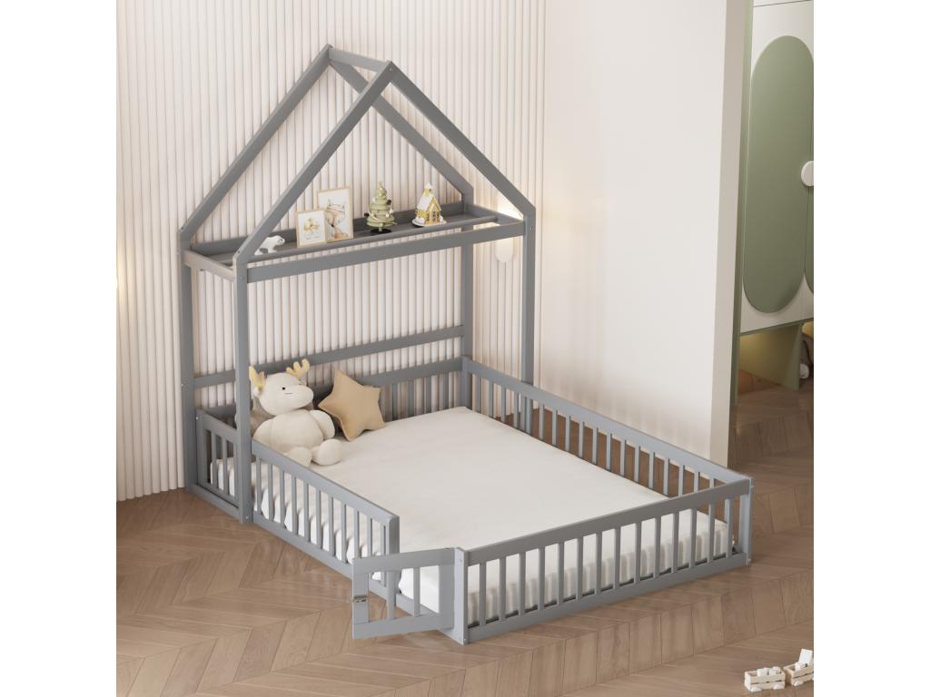 Lit enfant cabane 140x200cm en bois massif - avec tringle à vêtements - Gris VNPG65430