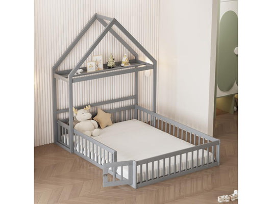 Lit enfant cabane 140x200cm en bois massif - avec tringle à vêtements - Gris VNPG65430