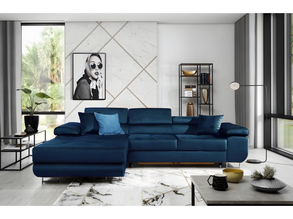 Canapé d'angle convertible Ventoriq en tissu velours luxe 5 places couleur bleu foncé avec coffre angle gauche vu de face CREI67036