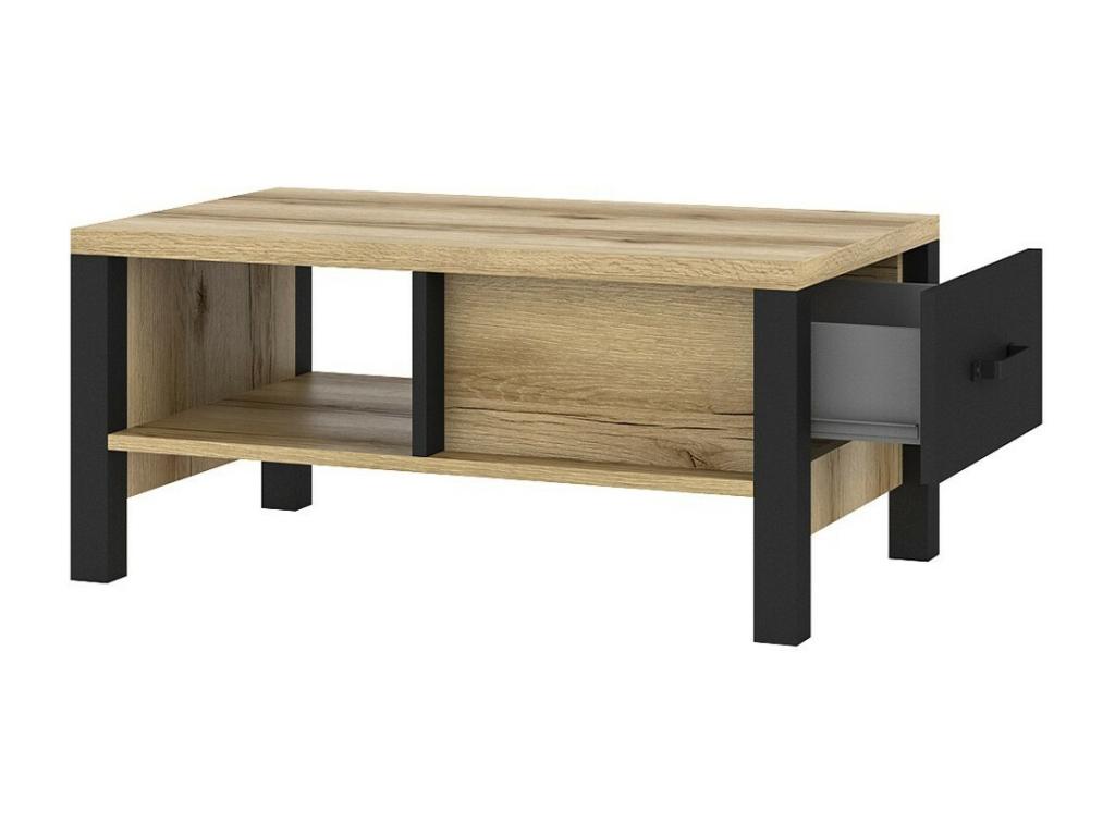 Table basse design collection Ventoriq avec un tiroir et une niche- Couleur chêne clair et noir. PBXG59715