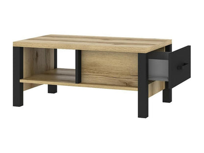 Table basse design collection Ventoriq avec un tiroir et une niche- Couleur chêne clair et noir. PBXG59715